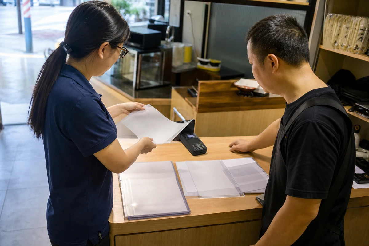 武汉小餐饮商户与服务人员核对POS办理资料的场景示意图