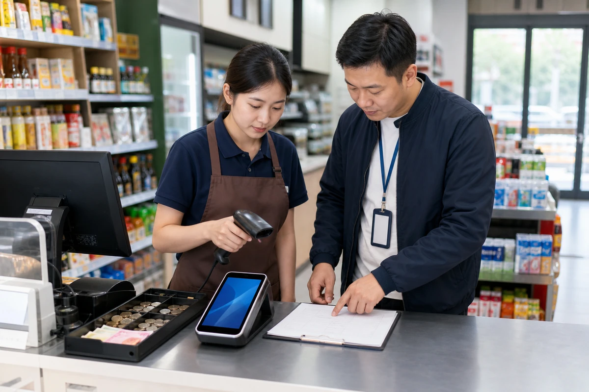 武汉便利店店员与服务人员检查收银台设备和交接流程的场景示意图