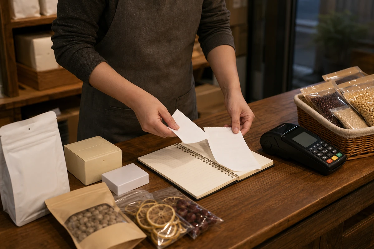 武汉小店商户整理订单和商品记录核对POS真实交易的场景示意图