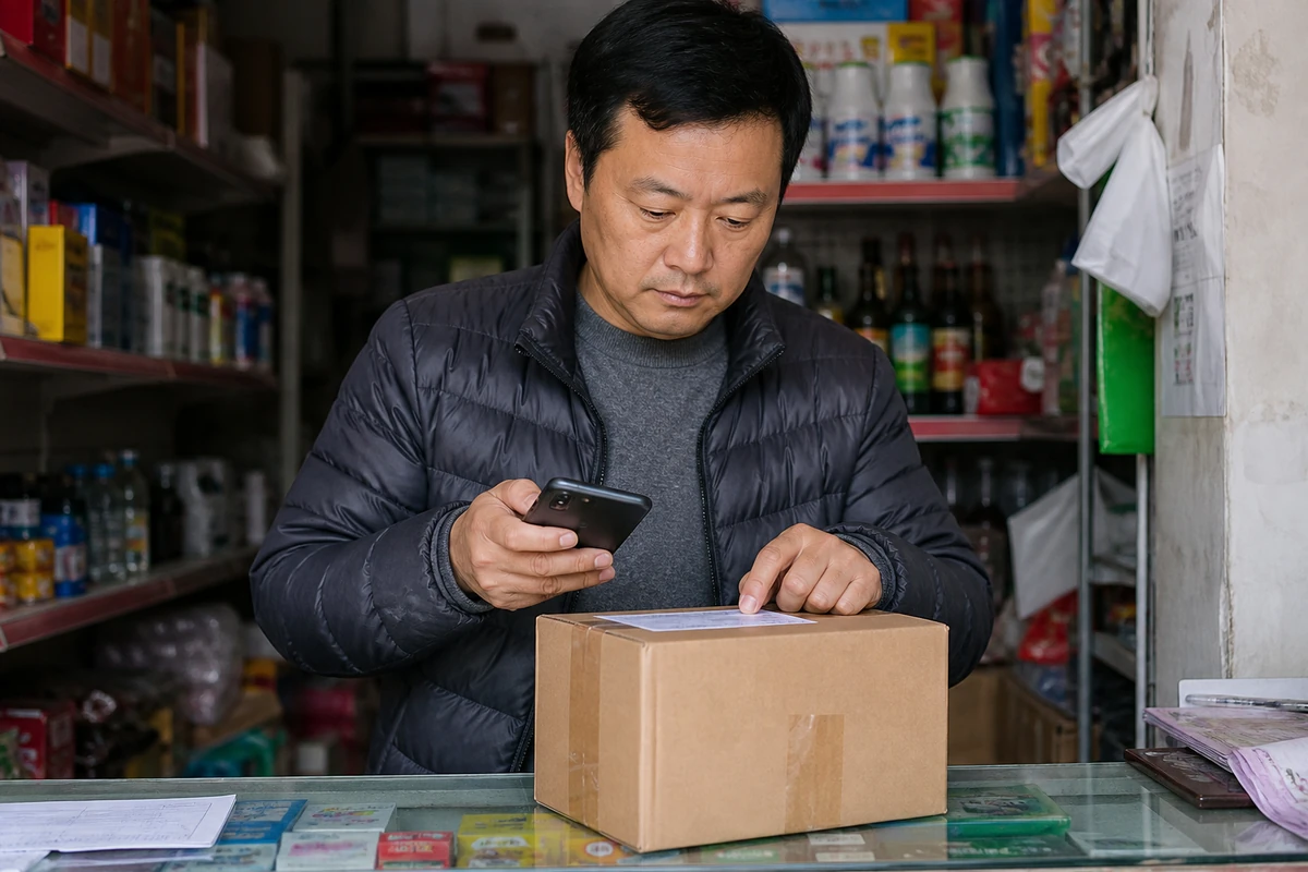 外地商户收到包裹后核对物流与办理信息的场景示意图