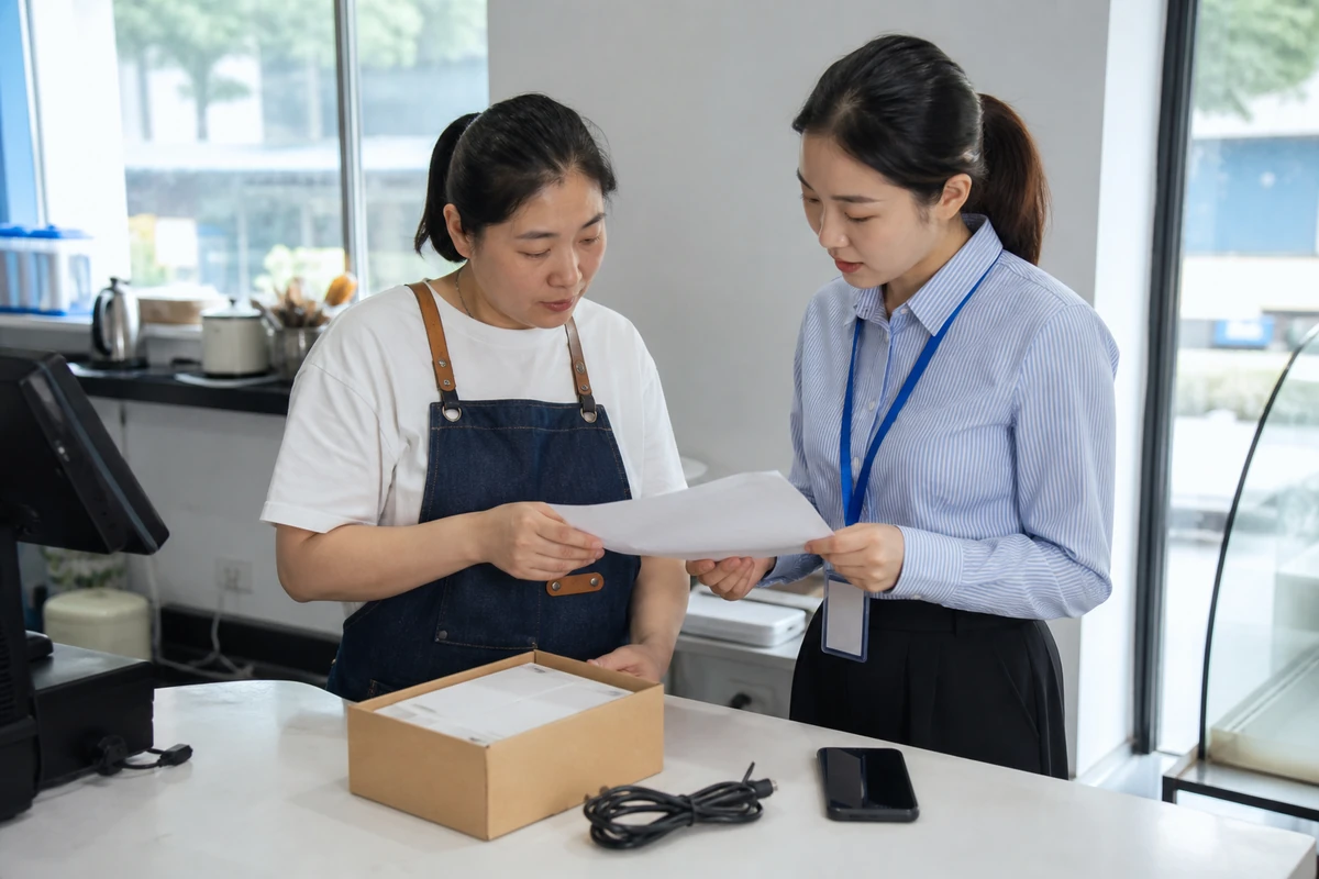 武汉商户与服务人员核对POS停用清单场景示意图