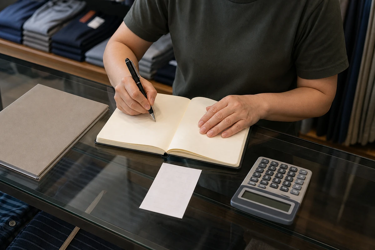 服装店商户用笔记本记录退款跟进事项,柜台上放着文件夹和空白凭据