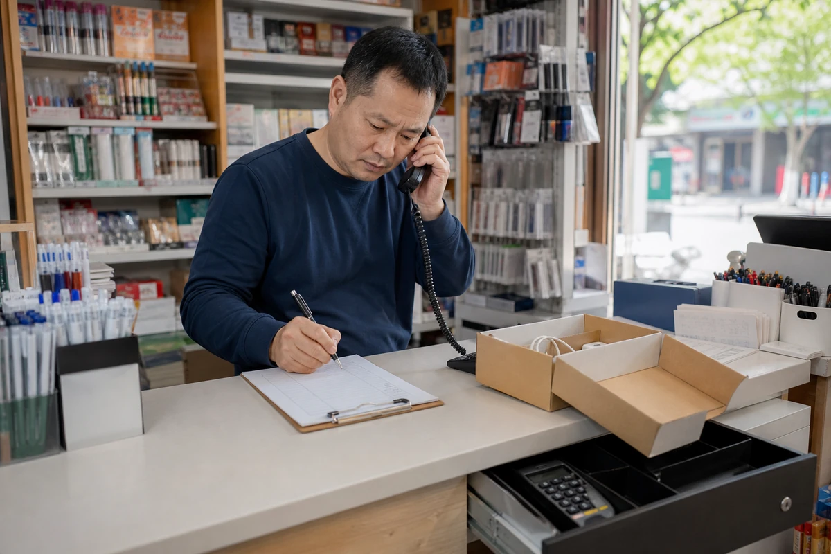 武汉文具店商户联系服务渠道并记录POS终端遗失处理事项