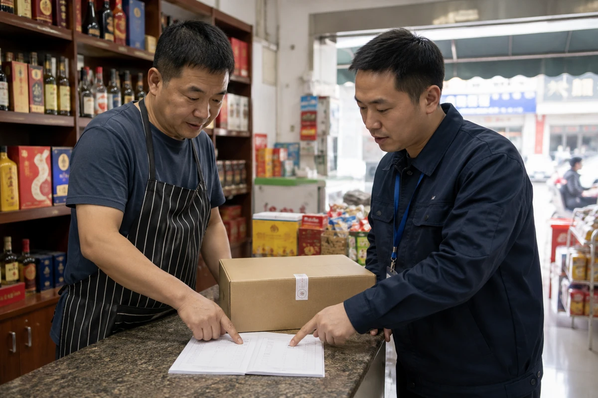 商户与服务人员在门店柜台核对新机交付清单