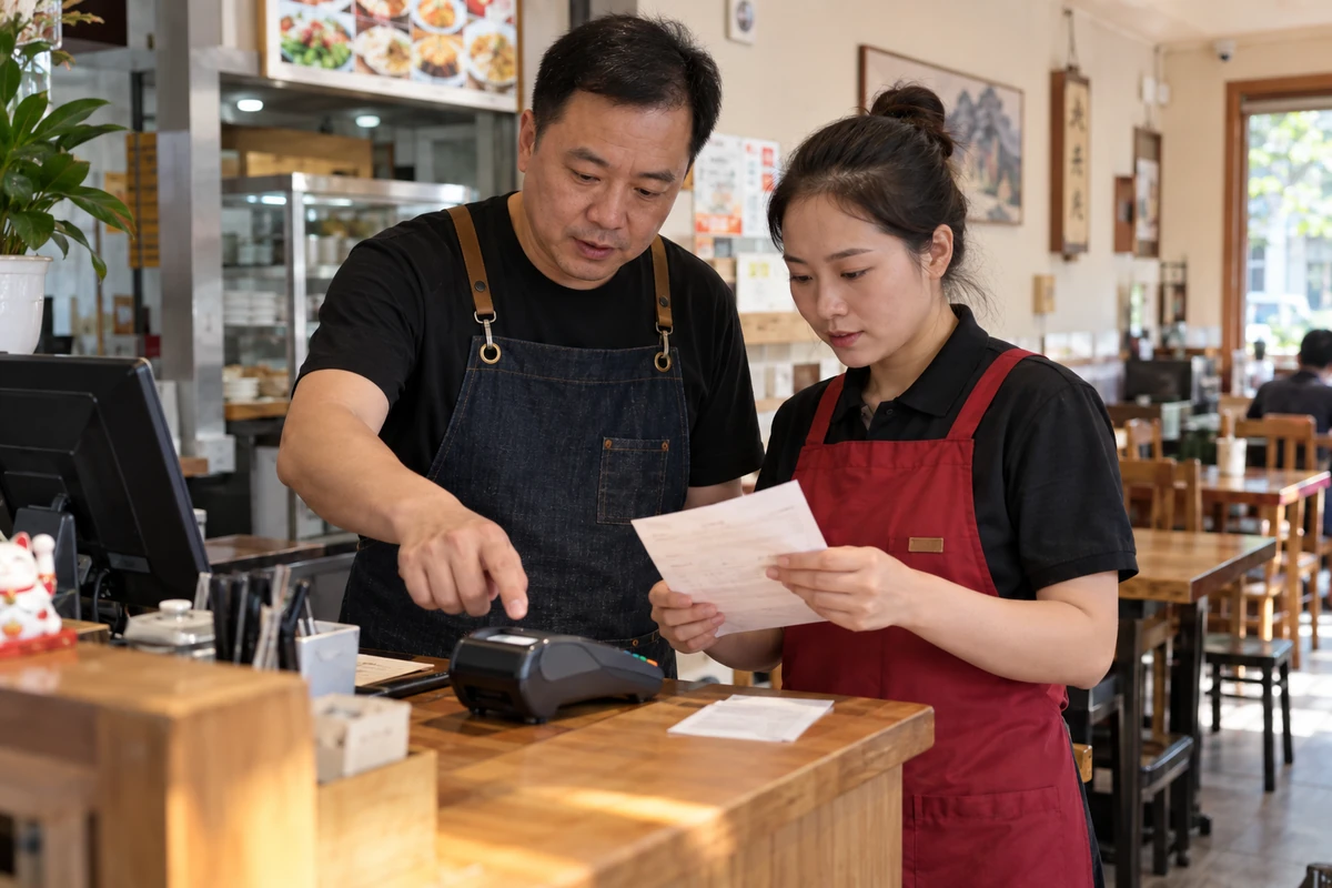 餐饮门店负责人和店员核对POS交易记录