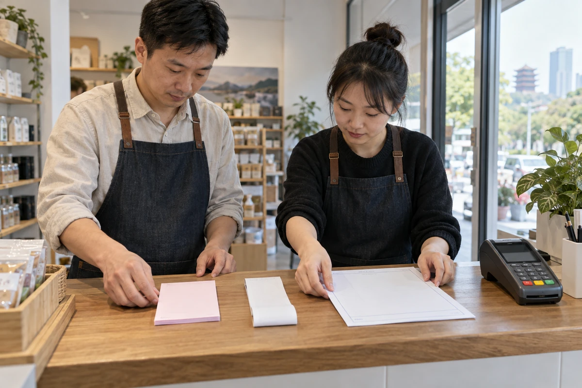 武汉零售门店人员整理订单POS交易凭证和发票